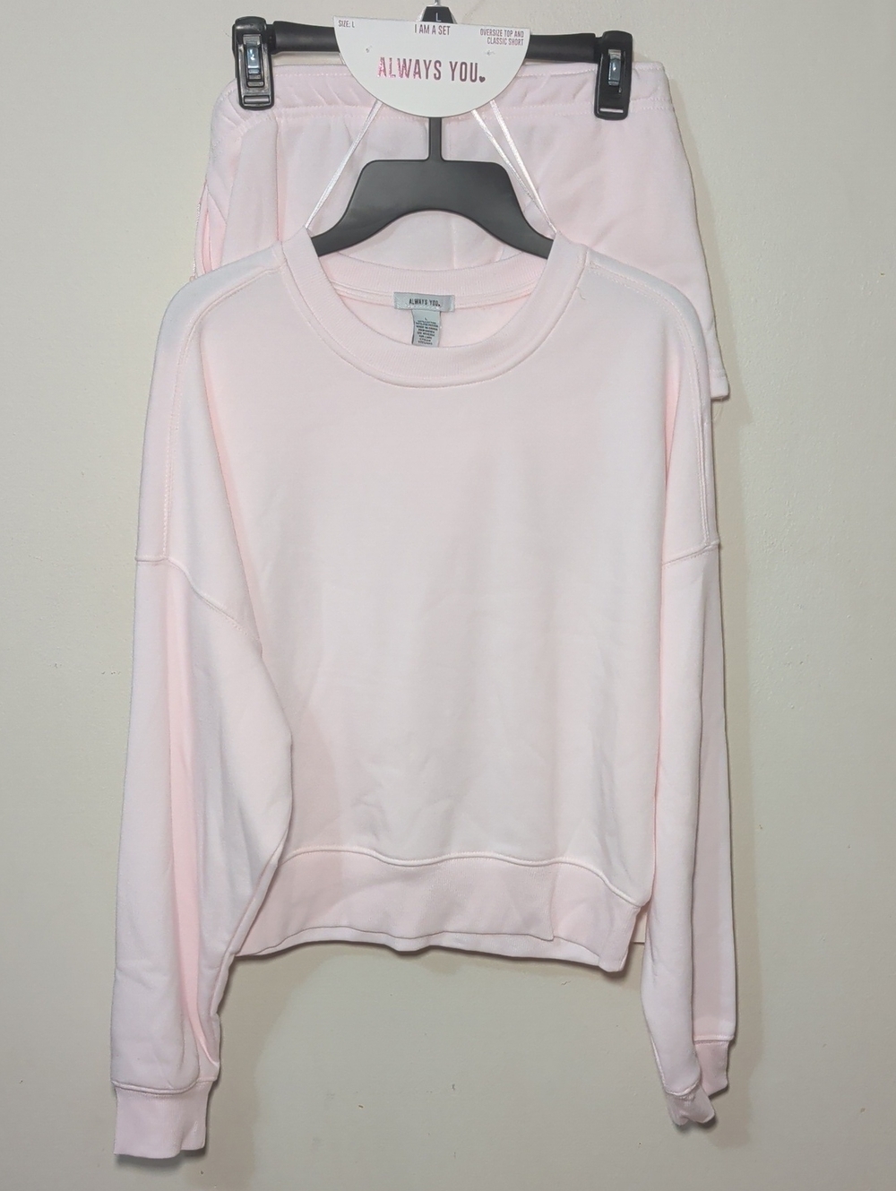 Always You Baby Pink Short Set Oversized Sweatshirt Comfy NEW Women's Size L